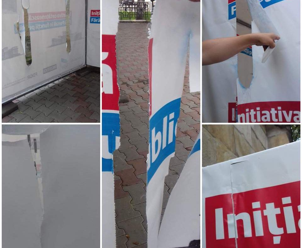 FOTO | Cortul campaniei ”Fără penali în funcții publice” din Dej a fost vandalizat! Poliţia îi caută pe autori