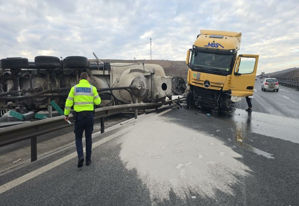 CISTERNĂ RĂSTURNATĂ PE AUTOSTRADA A 10 ÎN ZONA LOCALITĂȚII TURDA