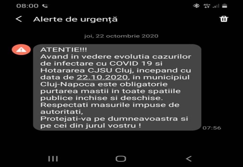 Mesaj RO ALERT transmis în această dimineață pentru localitățile Cluj-Napoca, Dej, Florești, Gherla