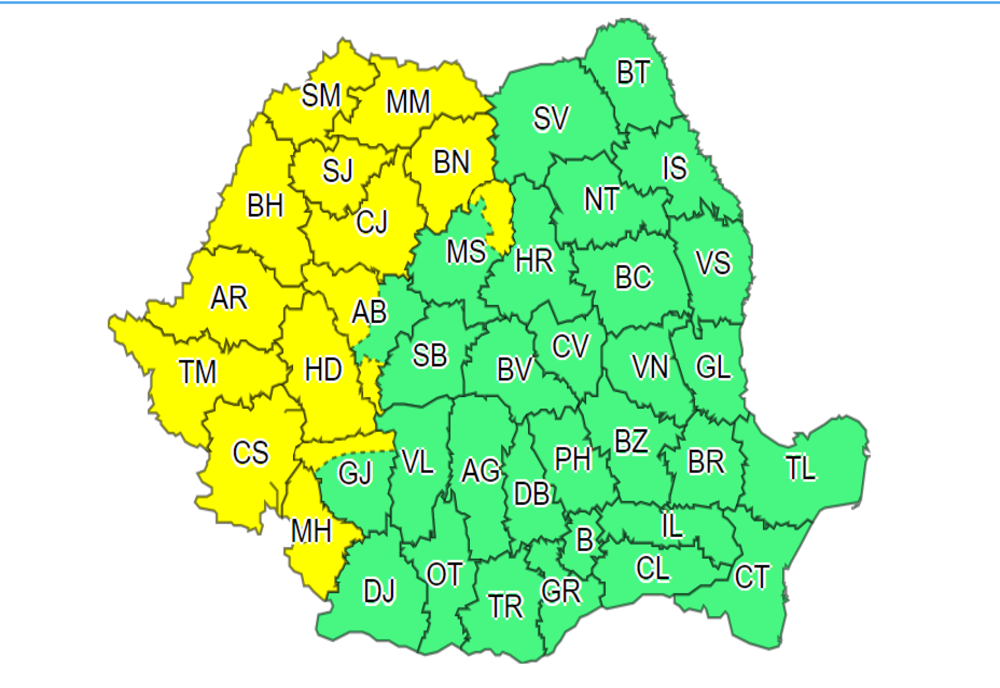 COD GALBEN de ploi și vânt, în 14 județe din Banat, Crișana, Maramureș, Transilvania și Oltenia